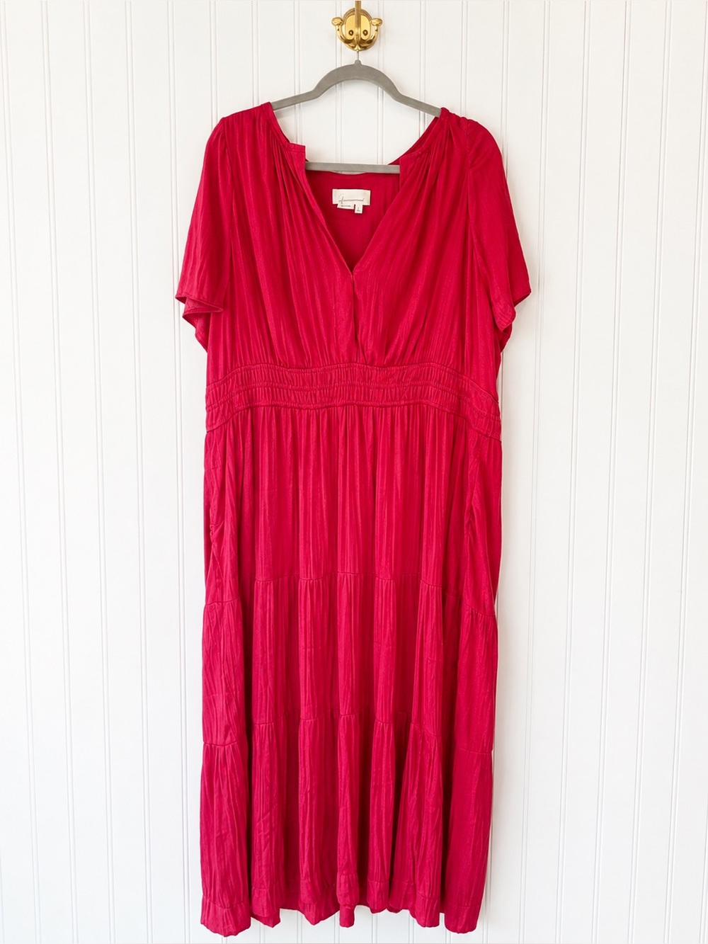Anthropologie Women’s Pink Pleated Tiered Midi Dress 2X Flutter Sleeve Like New